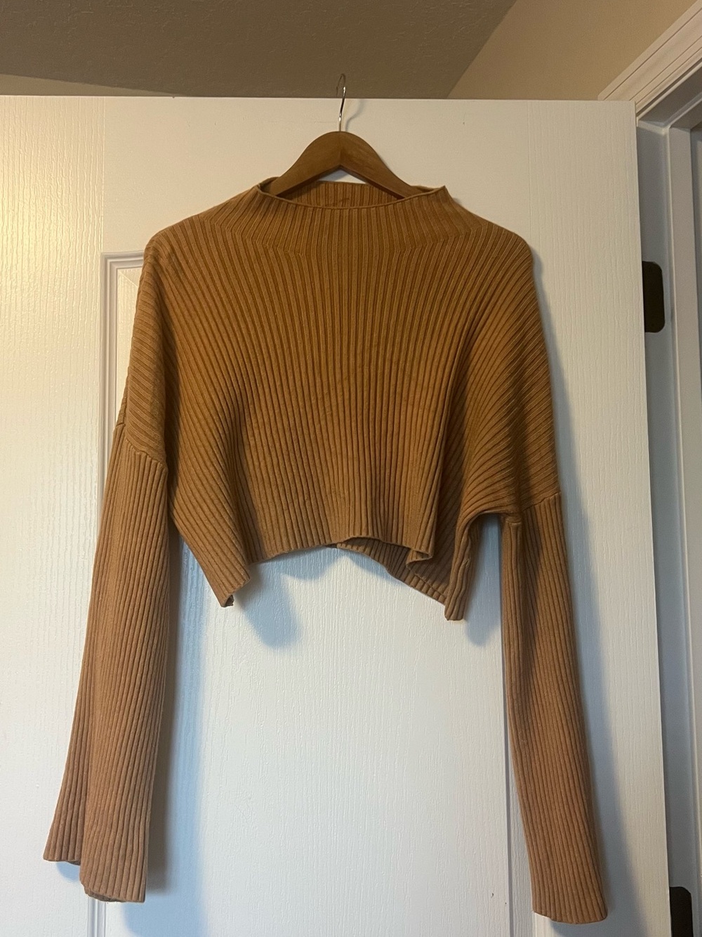 Olivaceous Cropped Ribbed Mock-Neck Sweater in Camel